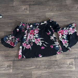 City Chic Floral Off-Shoulder Blouse - Black and Pink